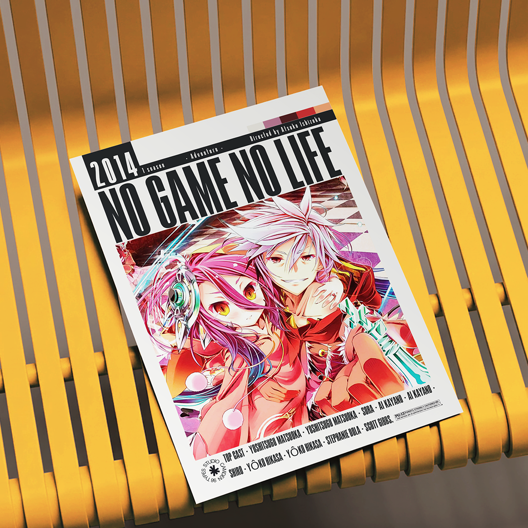 A magazine or book titled "NO GAME NO LIFE" with colorful anime-style cover art, placed on a yellow slatted bench.