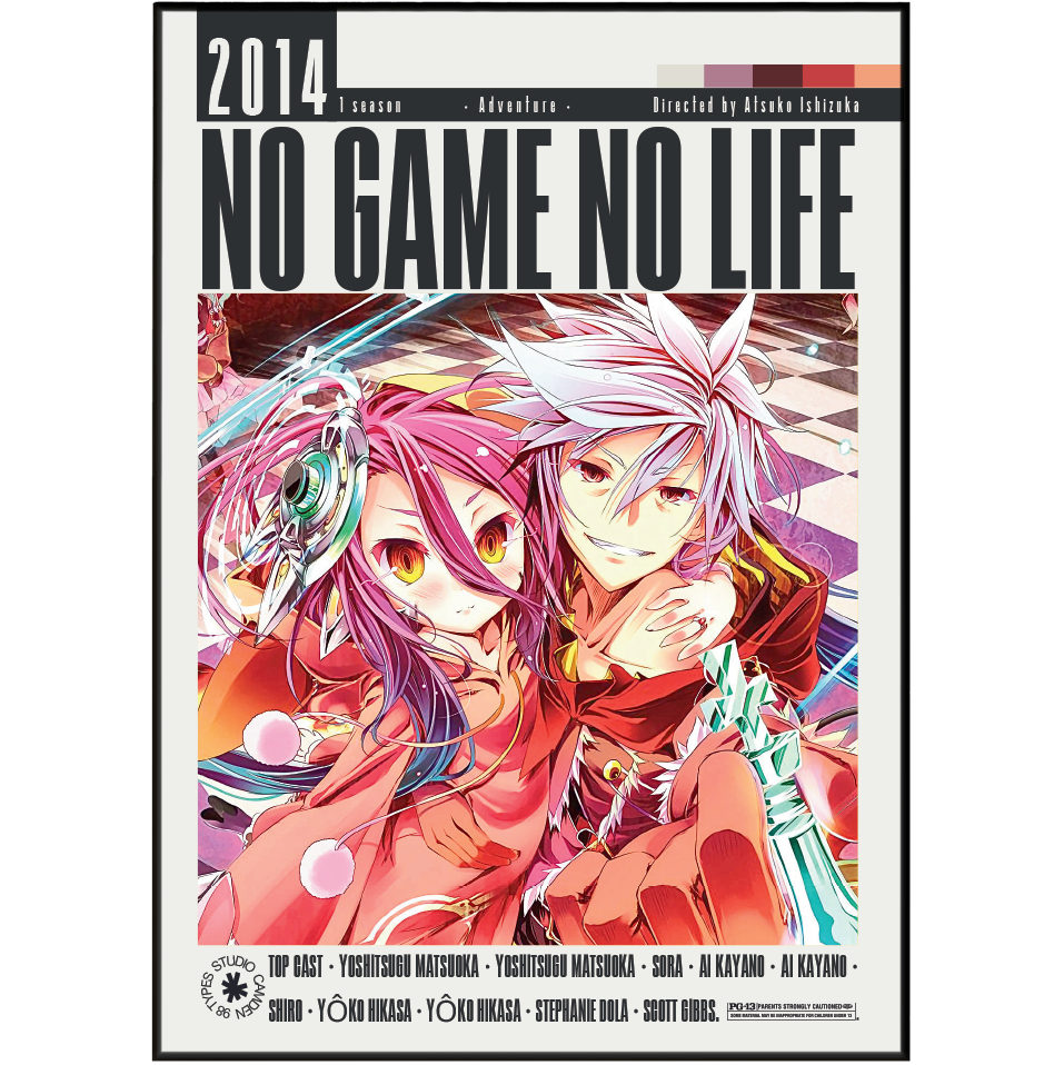 Front cover of the manga volume 'No Game No Life' 2014 1-season edition, featuring anime artwork of two characters with pink and white hair against a colorful background, framed by a black border with white text.