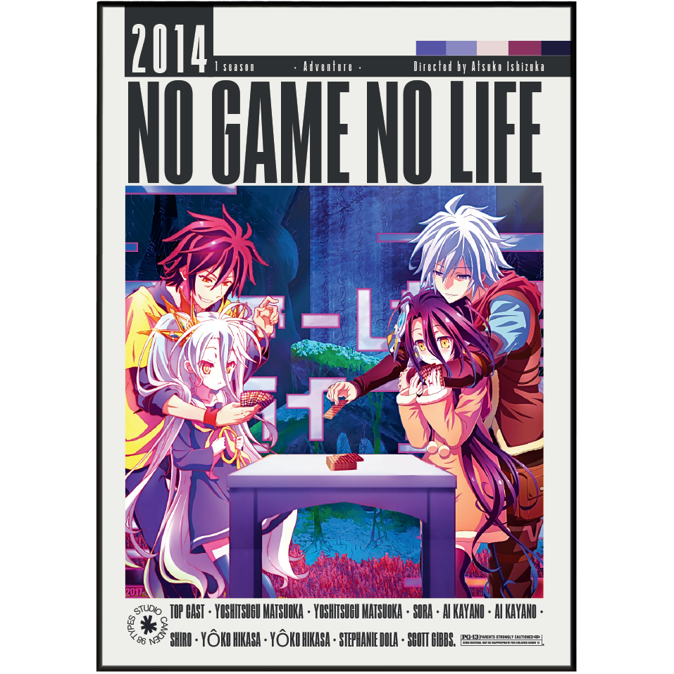 A vertically oriented anime poster or cover art for 'No Game No Life' featuring four illustrated characters around a table, with large title text at the top and production credits along the bottom.