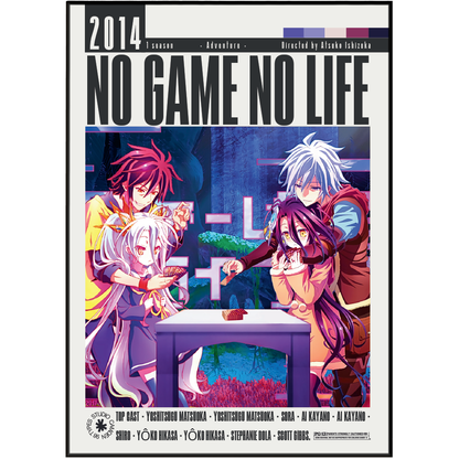 A vertically oriented anime poster or cover art for 'No Game No Life' featuring four illustrated characters around a table, with large title text at the top and production credits along the bottom.