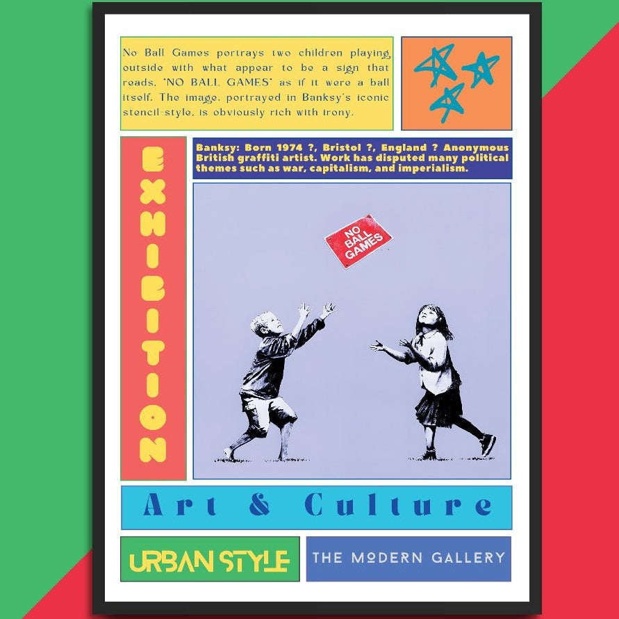 No Ball Games street art poster — children playing on no ball games sign urban graffiti wall art print UK
