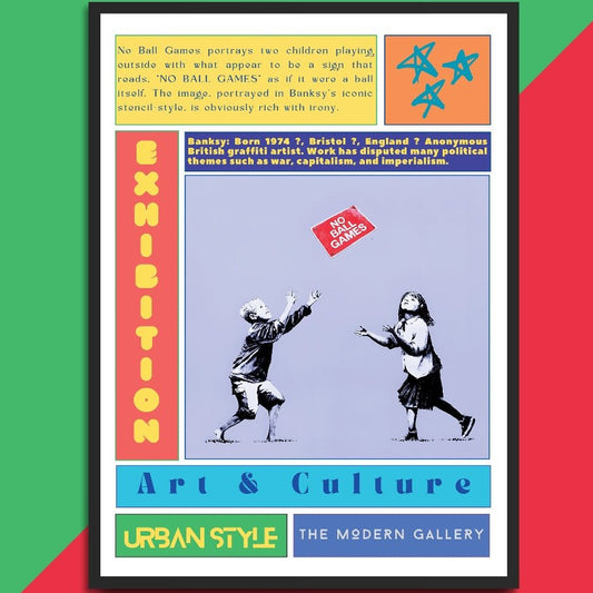 No Ball Games street art poster — children playing on no ball games sign urban graffiti wall art print UK
