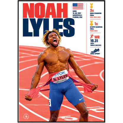 A framed sports poster featuring athlete Noah Lyles on a track field background. Large text reads 'NOAH LYLES' at the top, with race results and achievements listed on the right side.