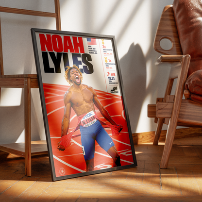 A framed sports poster of athlete Noah Lyles leaning against a wall in a modern room with wooden furniture and warm sunlight.