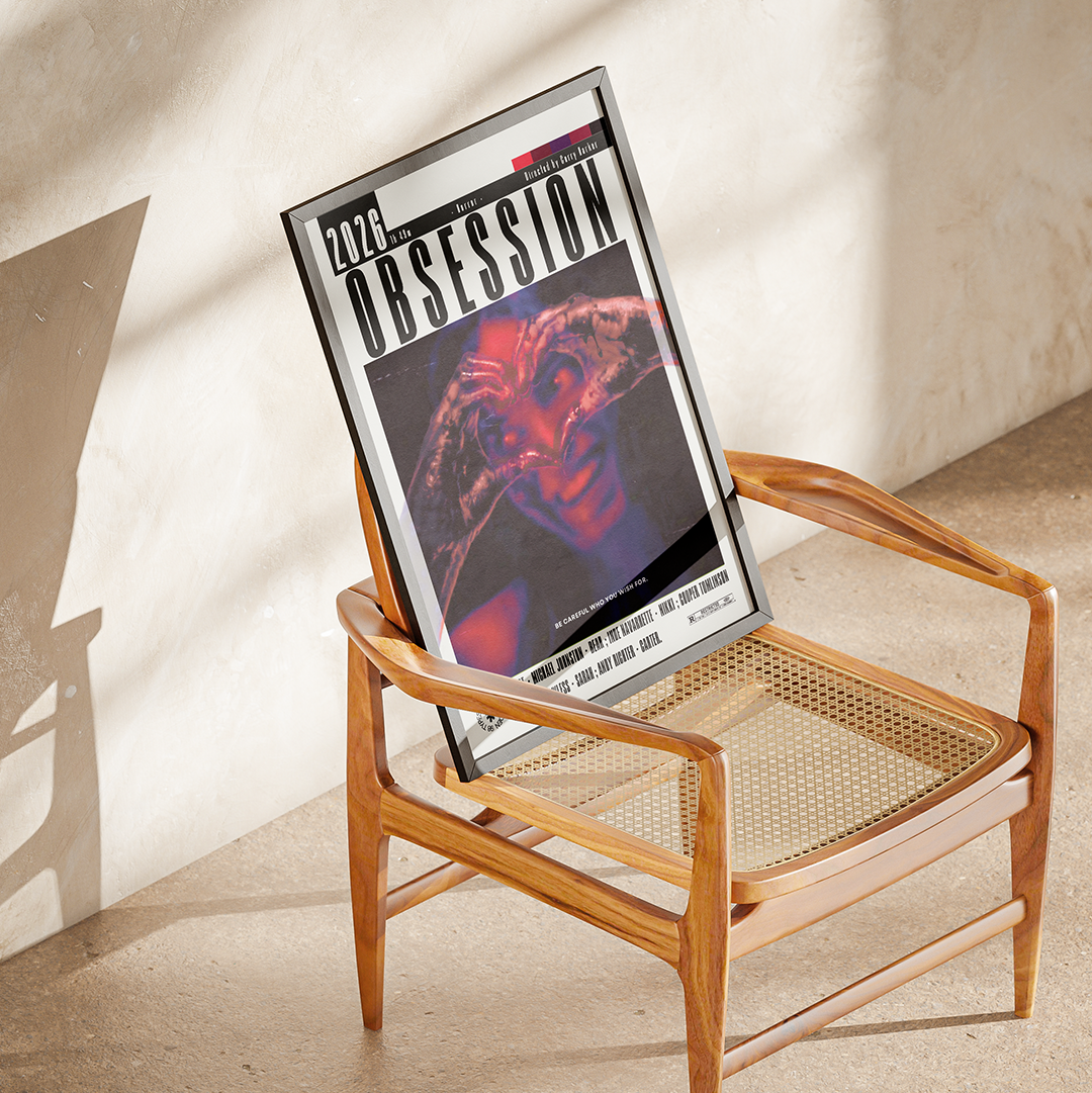 A framed art print titled '2076 OBSESSION' with a colorful, surreal portrait of a face, leaning against a wooden cane-seated chair in a sunlit room.