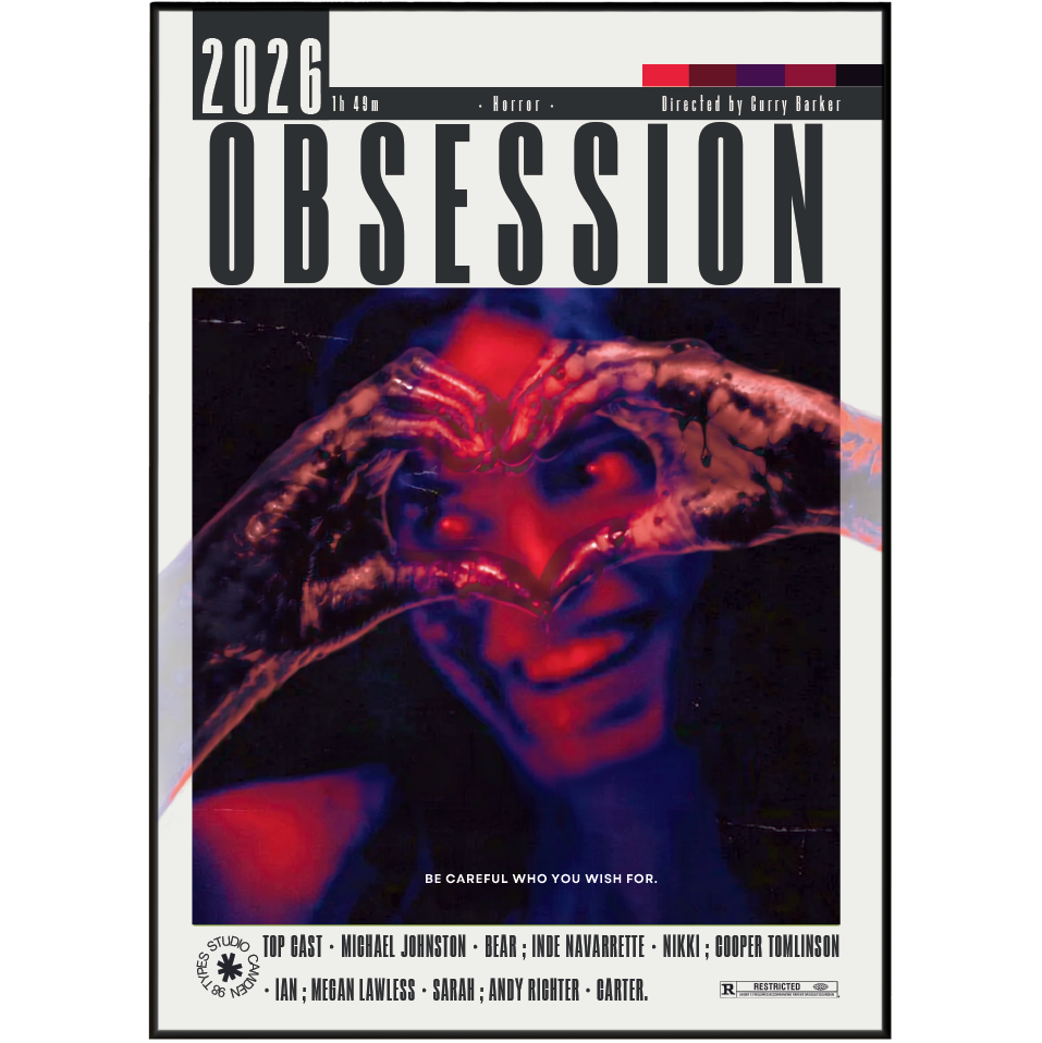 A book or comic cover titled "2026: The Obsession" with large black typography at the top, a central dark photo of a face obscured by hands, and smaller cast names and credits along the bottom on a white background.