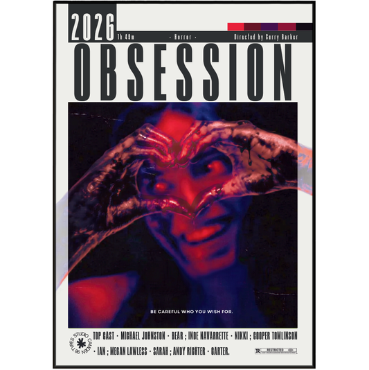 A book or comic cover titled "2026: The Obsession" with large black typography at the top, a central dark photo of a face obscured by hands, and smaller cast names and credits along the bottom on a white background.
