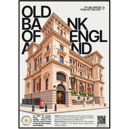 Old Bank of England poster, Fleet Street, London: grand former bank building facade on Fleet Street - 98 London Pubs Art Gallery by 98 Types