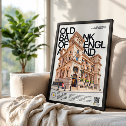 Old Bank of England poster, Fleet Street, London: grand former bank building facade on Fleet Street - 98 London Pubs Art Gallery by 98 Types