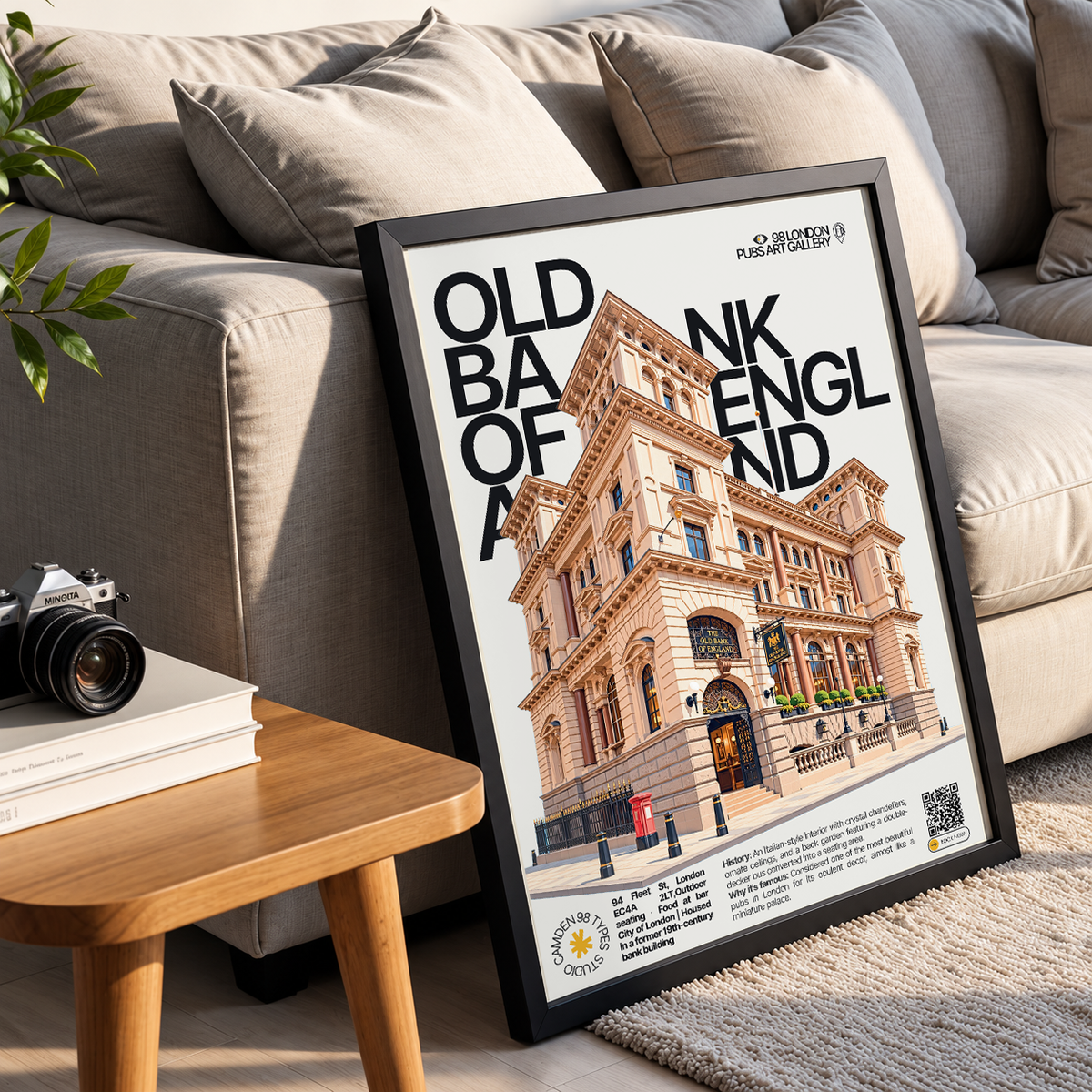 Old Bank of England poster, Fleet Street, London: grand former bank building facade on Fleet Street - 98 London Pubs Art Gallery by 98 Types
