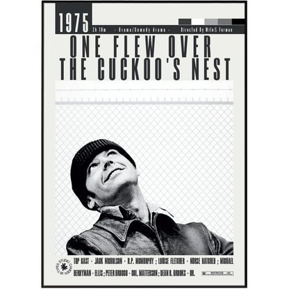A black and white movie poster for the 1975 film 'One Flew Over the Cuckoo's Nest' featuring a dramatic portrait of Richard Ramirez looking upward, with bold title text and cast names at the bottom.