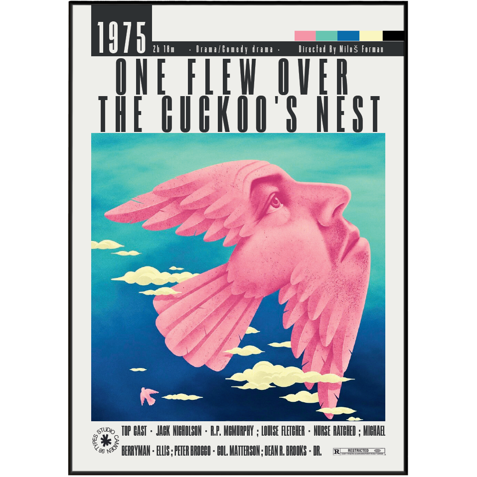 A stylized poster or print for the 1975 musical 'One Flew Over the Cuckoo's Nest' featuring a pink bird-like head with wings against a blue background, with black title text and small color swatches at the top.