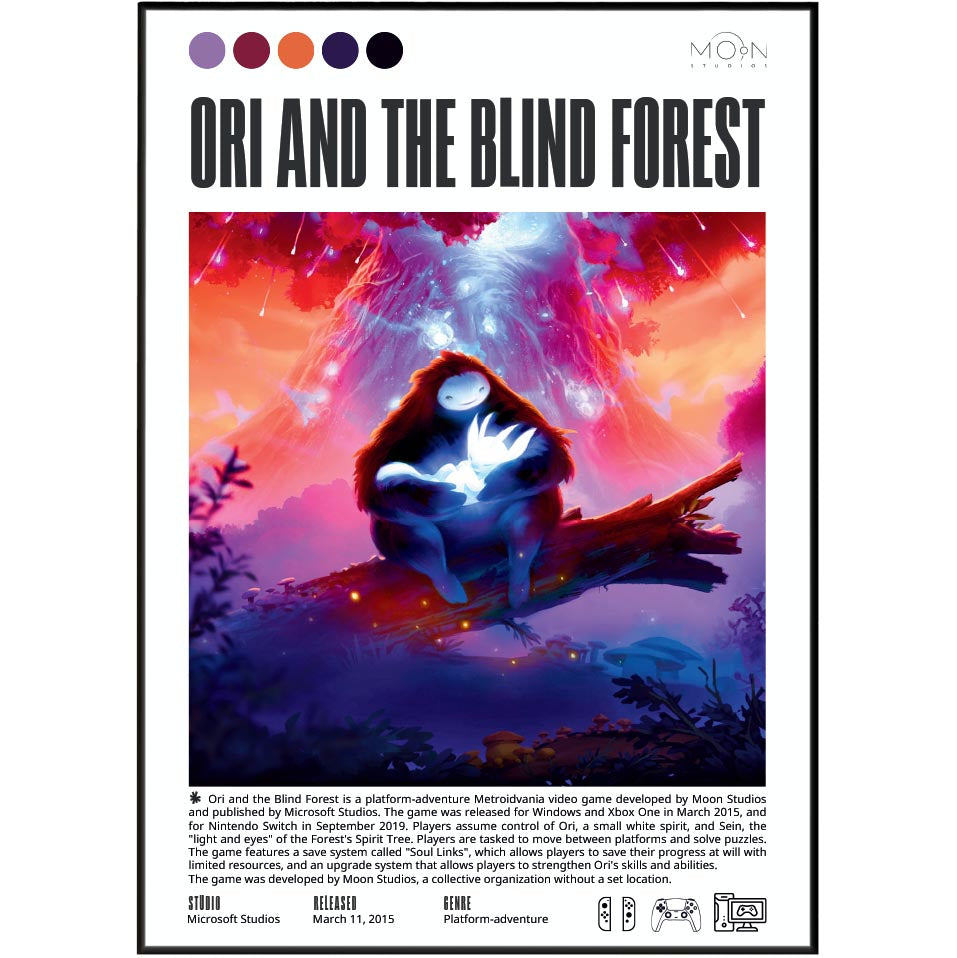 Ori and the Blind Forest 2015 game poster — Moon Studios forest platformer wall art print UK
