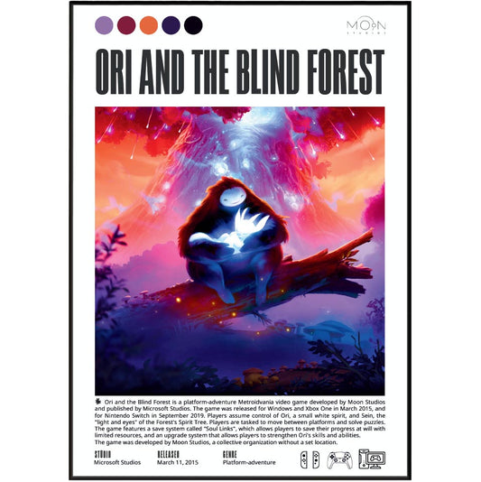 Ori and the Blind Forest 2015 game poster — Moon Studios forest platformer wall art print UK
