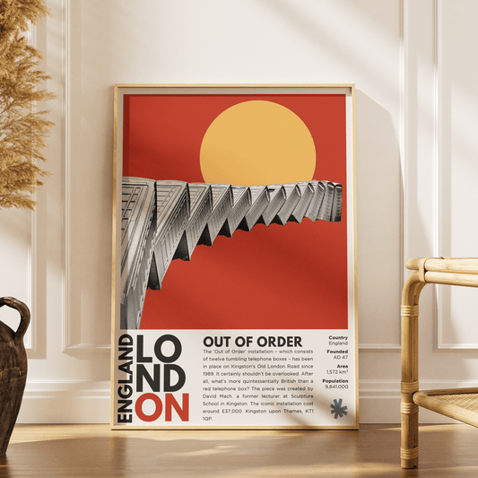 Out of Order London red phone boxes illustration poster — David Mach Kingston toppling telephone boxes wall art print UK