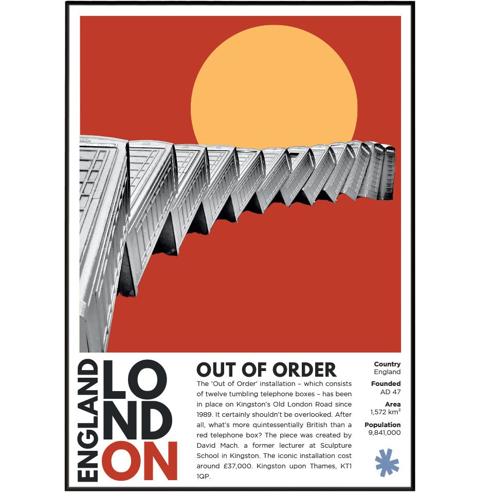 Out of Order London red phone boxes illustration poster — David Mach Kingston toppling telephone boxes wall art print UK
