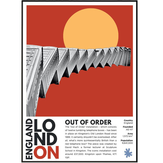 Out of Order London red phone boxes illustration poster — David Mach Kingston toppling telephone boxes wall art print UK
