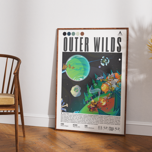 A framed art print titled 'OUTER WILDS' leaning against a white wall on a wooden floor, next to a wooden chair. The poster features a colorful retro-futuristic space illustration with planets, aliens, and a spaceship.