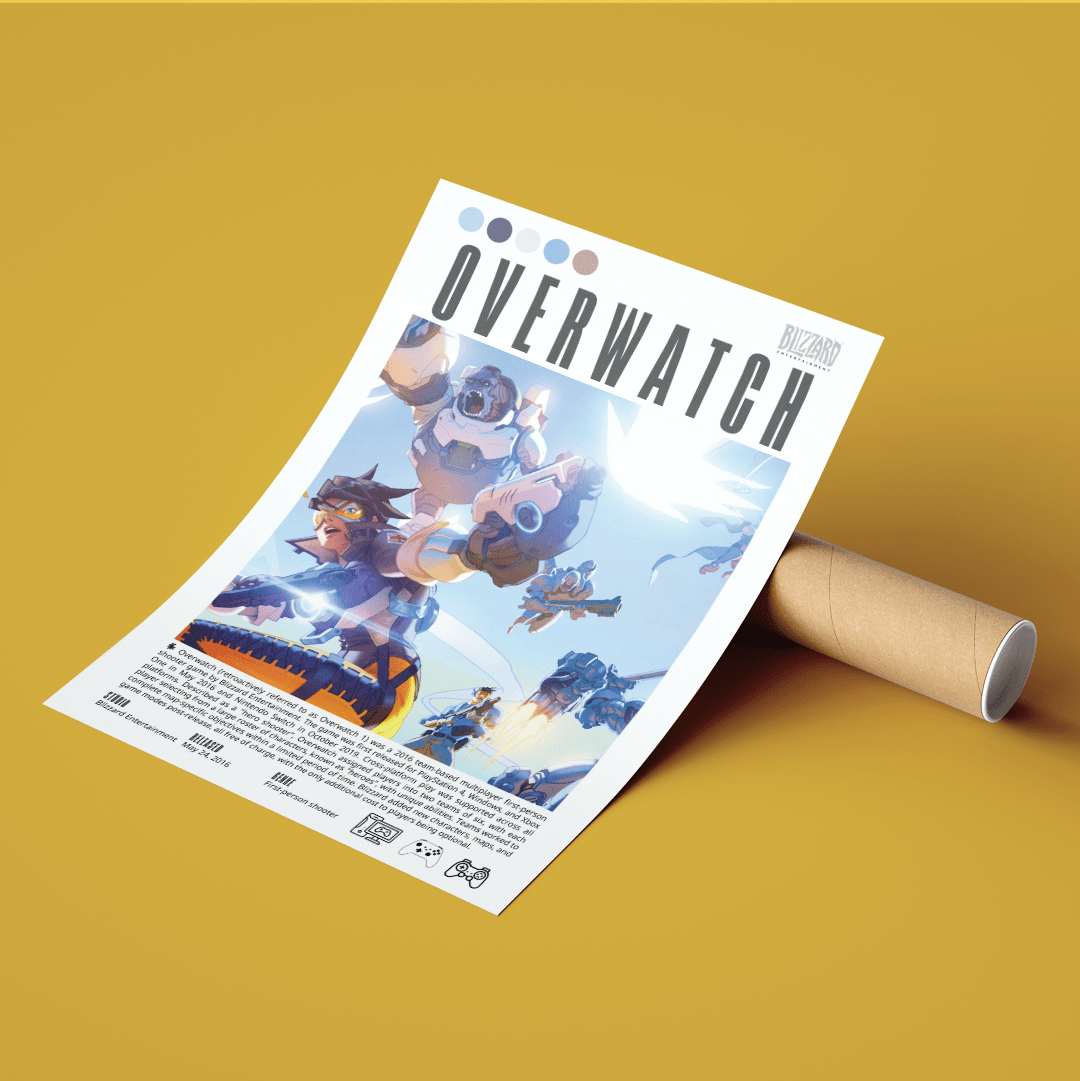 Overwatch 2016 game poster — Blizzard Tracer Reinhardt hero shooter esports wall art print UK
- 98types