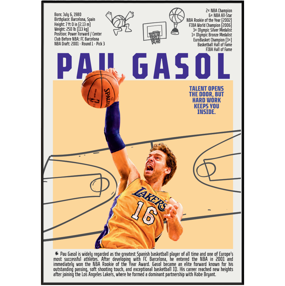 Pau Gasol basketball poster — LA Lakers Spain 2x NBA champion humanitarian minimalist wall art print UK