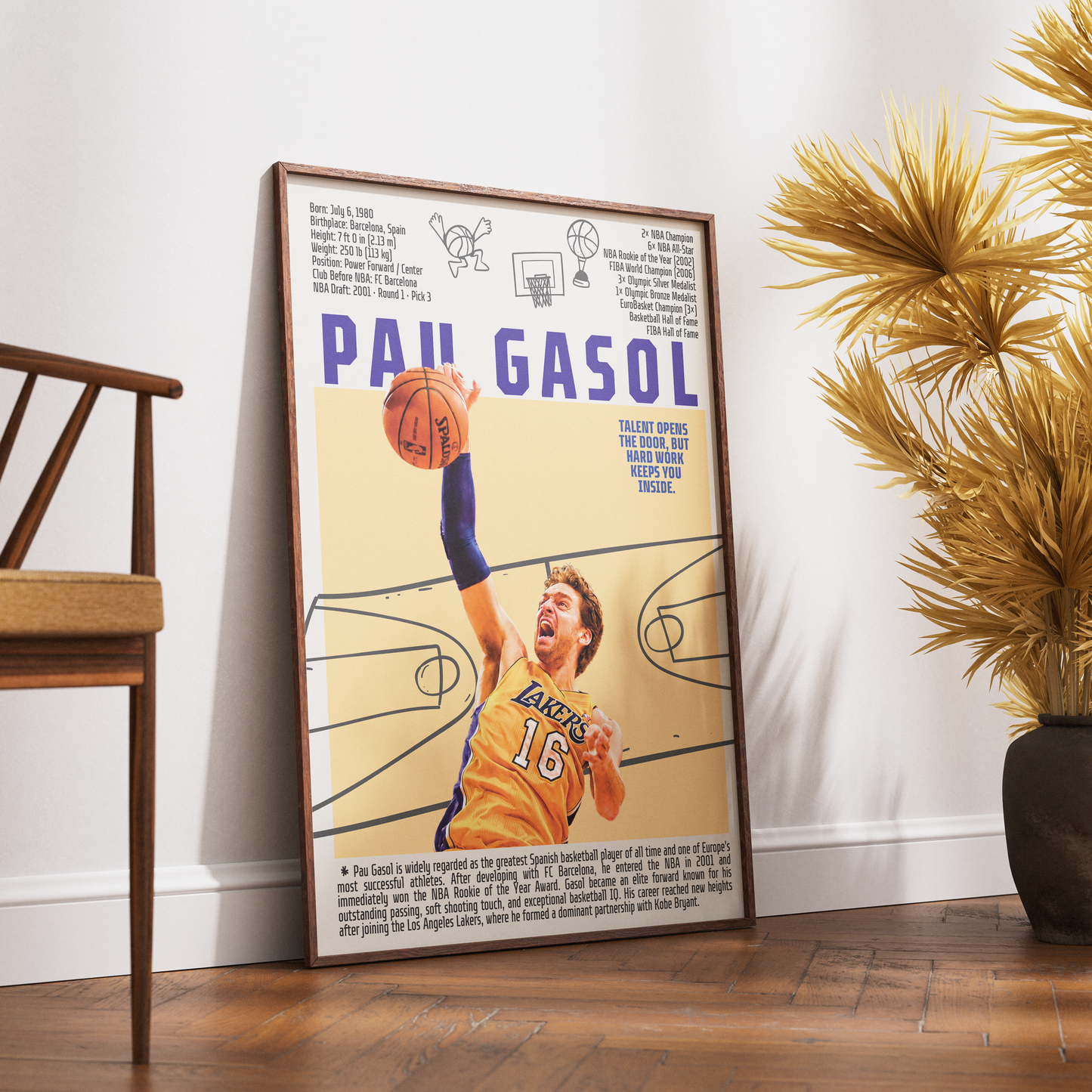 Pau Gasol basketball poster — LA Lakers Spain 2x NBA champion humanitarian minimalist wall art print UK