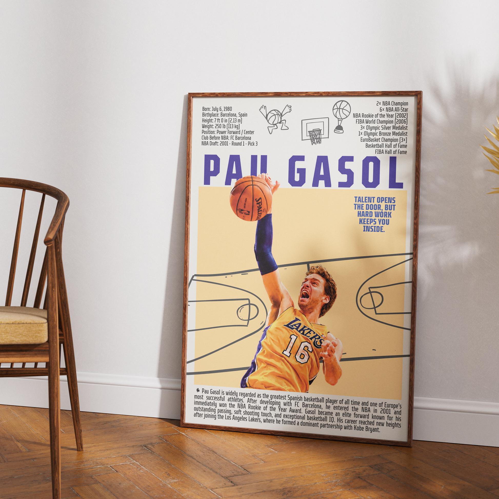 Pau Gasol basketball poster — LA Lakers Spain 2x NBA champion humanitarian minimalist wall art print UK
