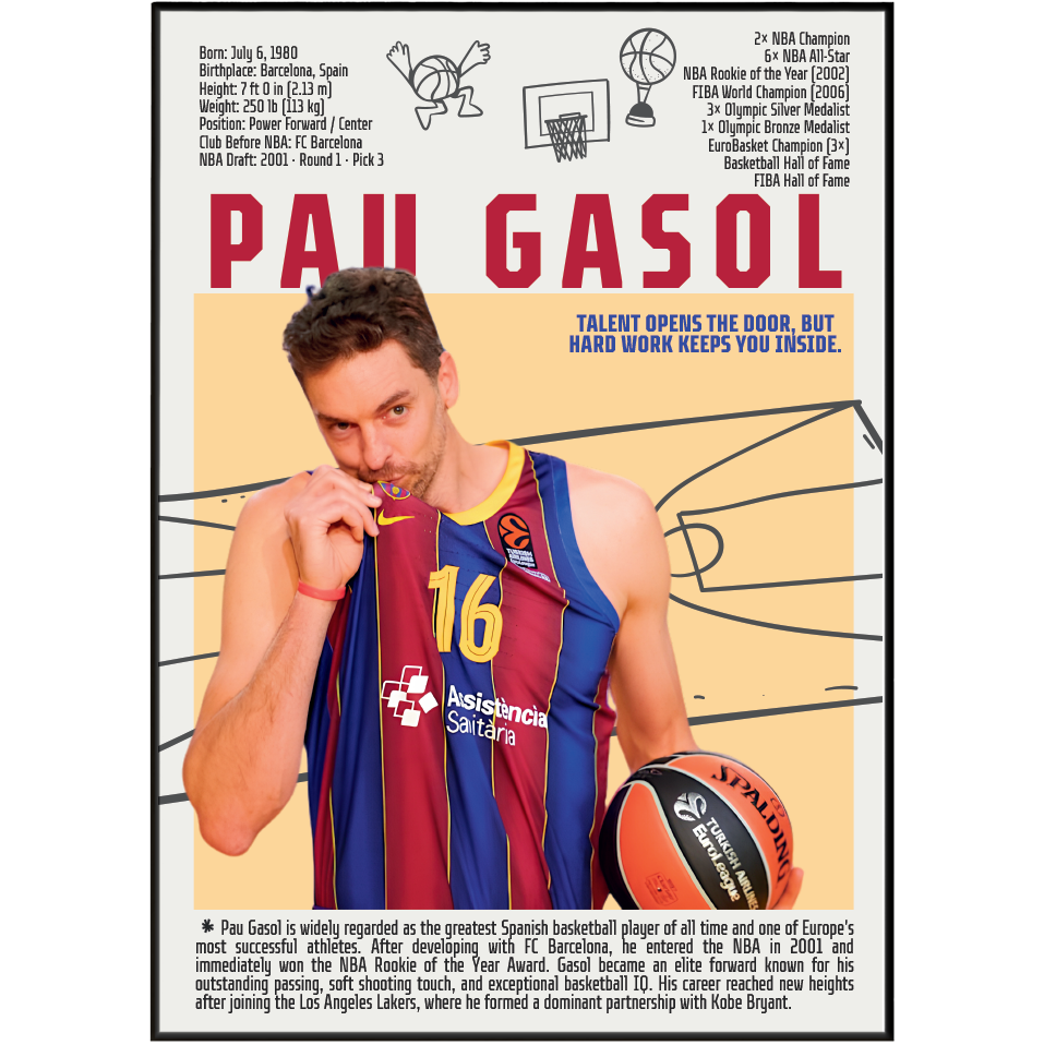 Pau Gasol basketball poster — LA Lakers Spain 2x NBA champion humanitarian minimalist wall art print UK