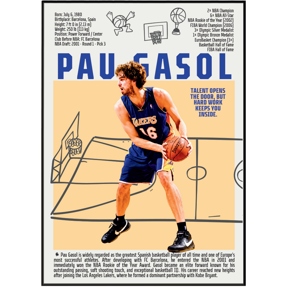 Pau Gasol basketball poster — LA Lakers Spain 2x NBA champion humanitarian minimalist wall art print UK