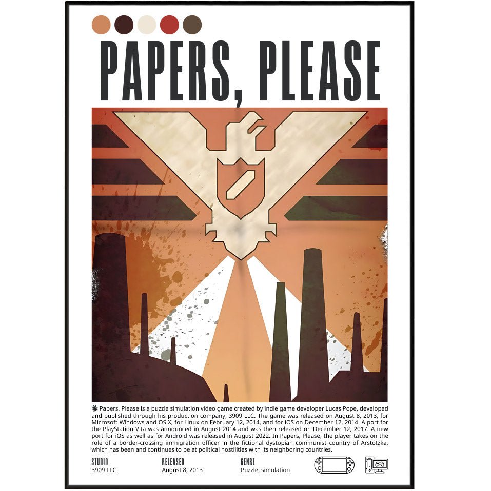 Papers Please 2013 indie game poster — Lucas Pope immigration inspector dystopian wall art print UK
 - 98types