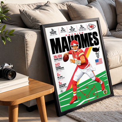 Patrick Mahomes poster, Kansas City Chiefs NFL wall art print in a boy's bedroom - 98types