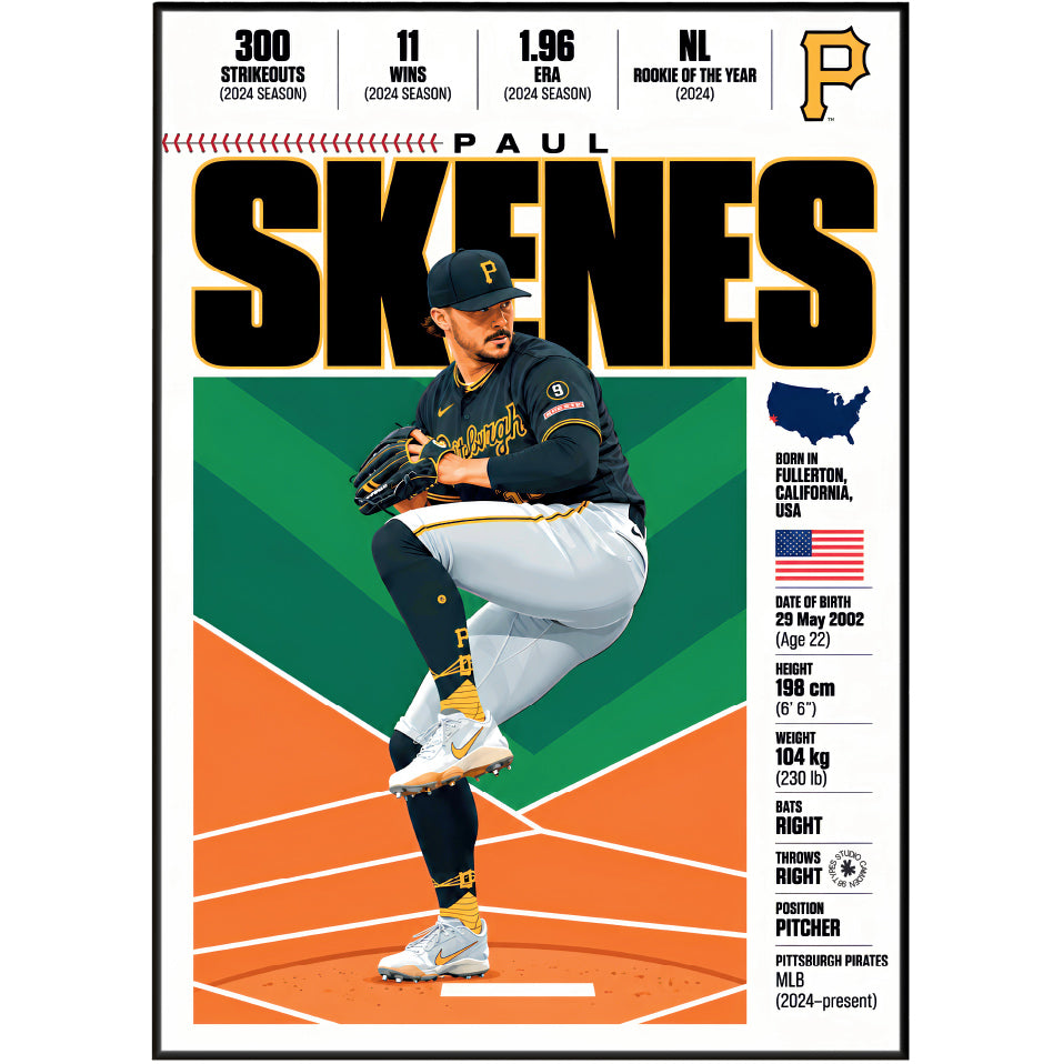 Paul Skenes poster, Pittsburgh Pirates baseball wall art print in a home office - 98types