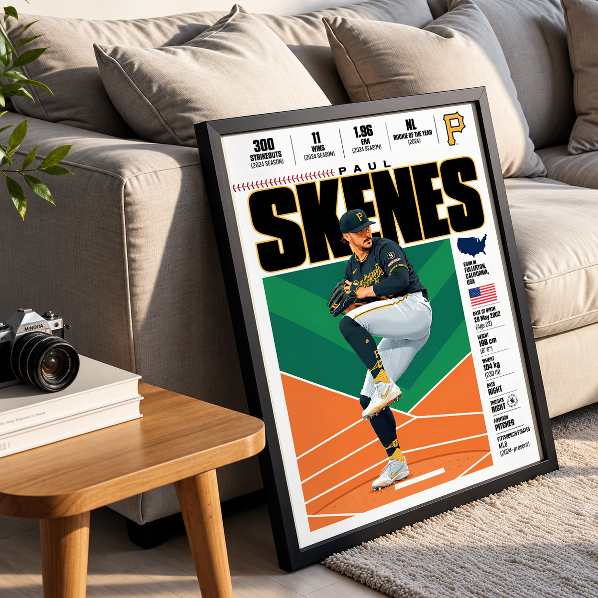 Paul Skenes poster, Pittsburgh Pirates baseball wall art print in a home office - 98types