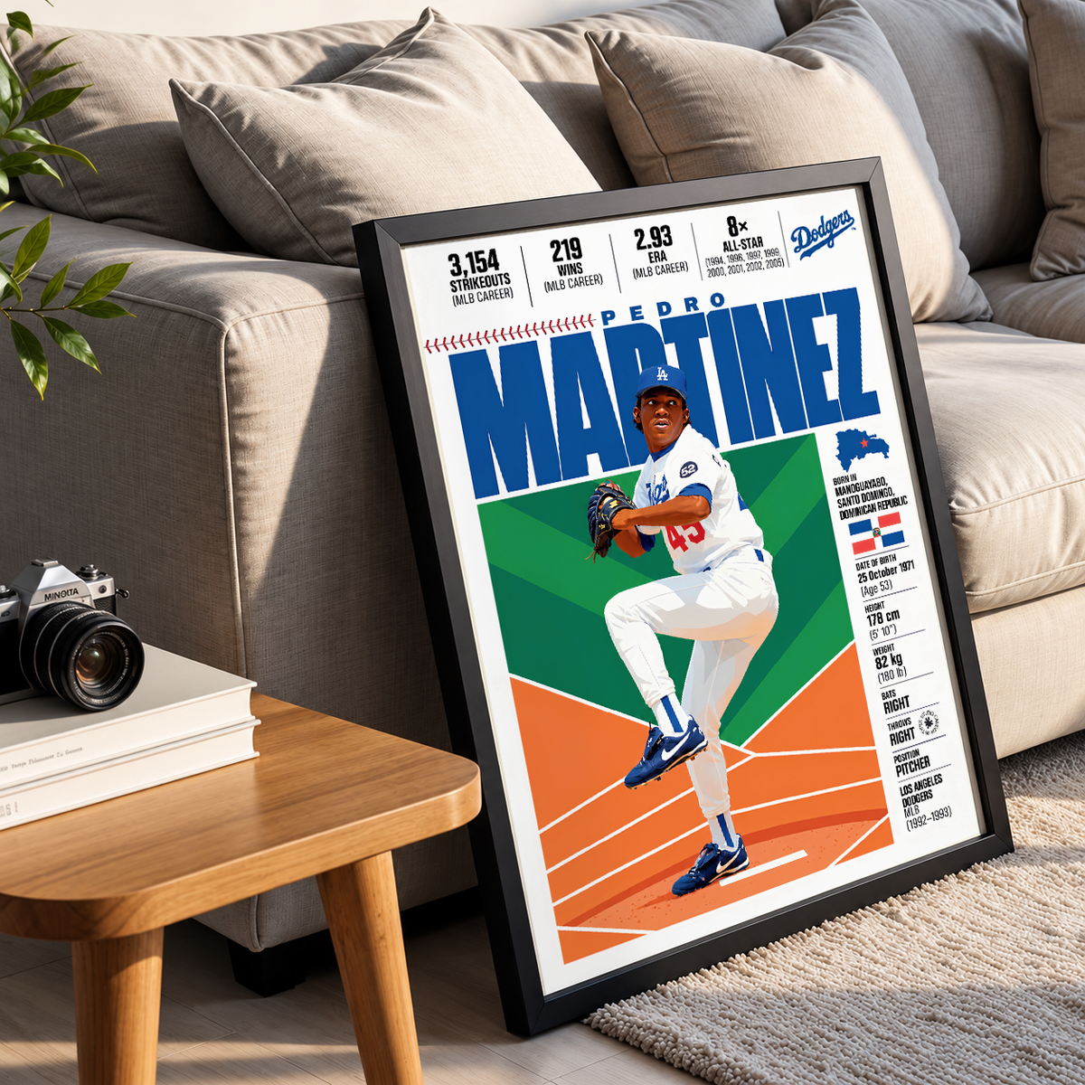 Pedro Martinez poster, Boston Red Sox baseball wall art print in a living room - 98types