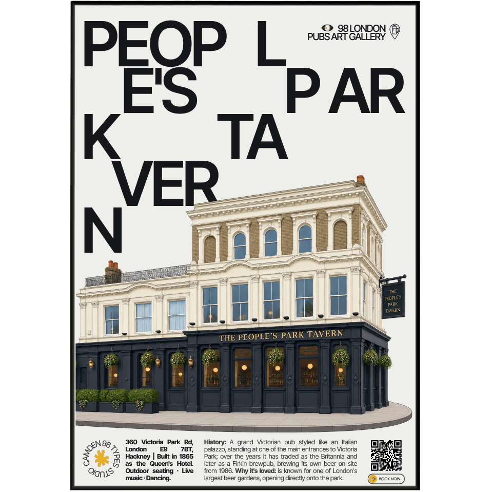 People's Park Tavern poster, Victoria Park, London: grand Italianate pub facade beside a park entrance - 98 London Pubs Art Gallery by 98 Types