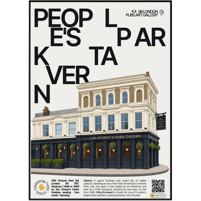 People's Park Tavern poster, Victoria Park, London: grand Italianate pub facade beside a park entrance - 98 London Pubs Art Gallery by 98 Types