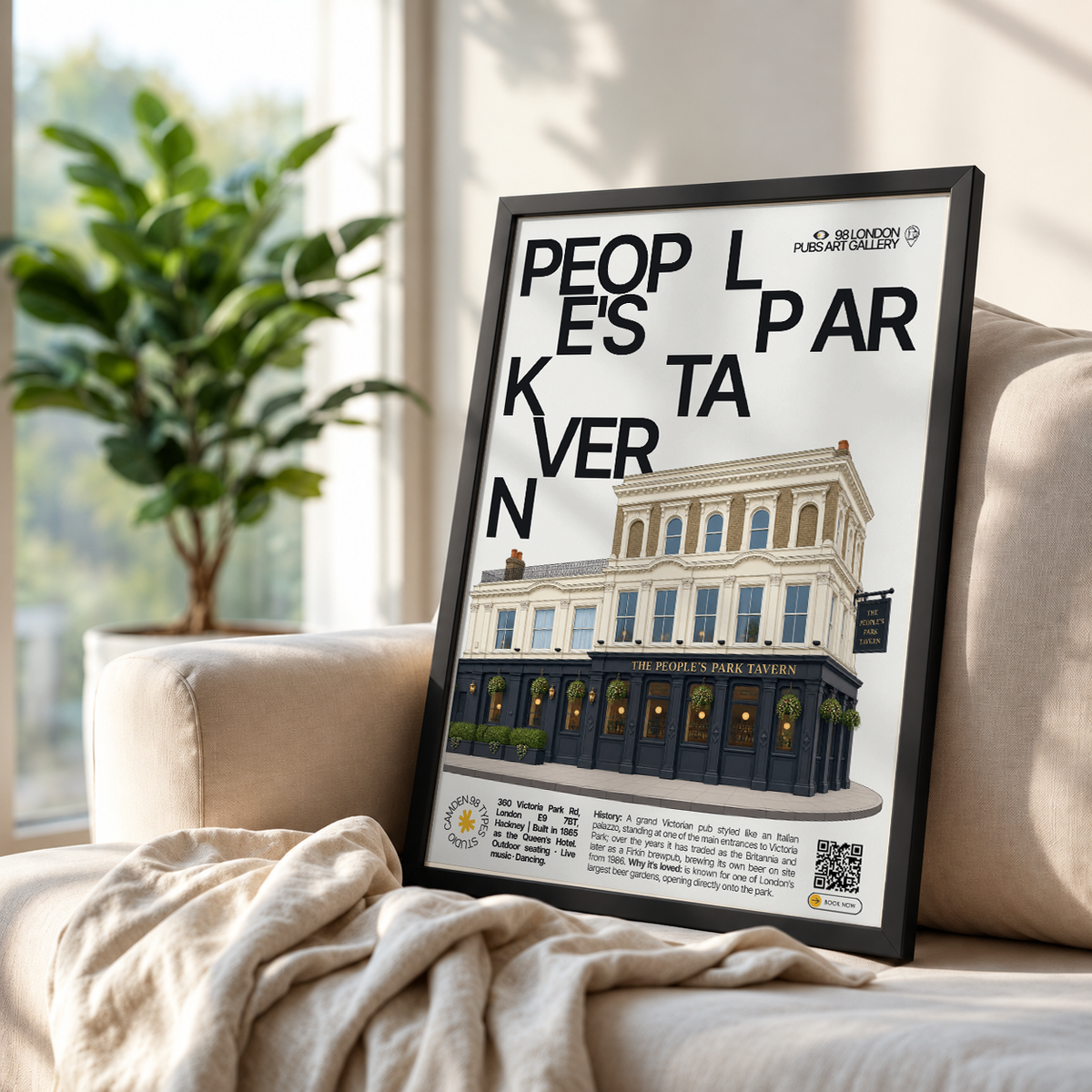 People's Park Tavern poster, Victoria Park, London: grand Italianate pub facade beside a park entrance - 98 London Pubs Art Gallery by 98 Types