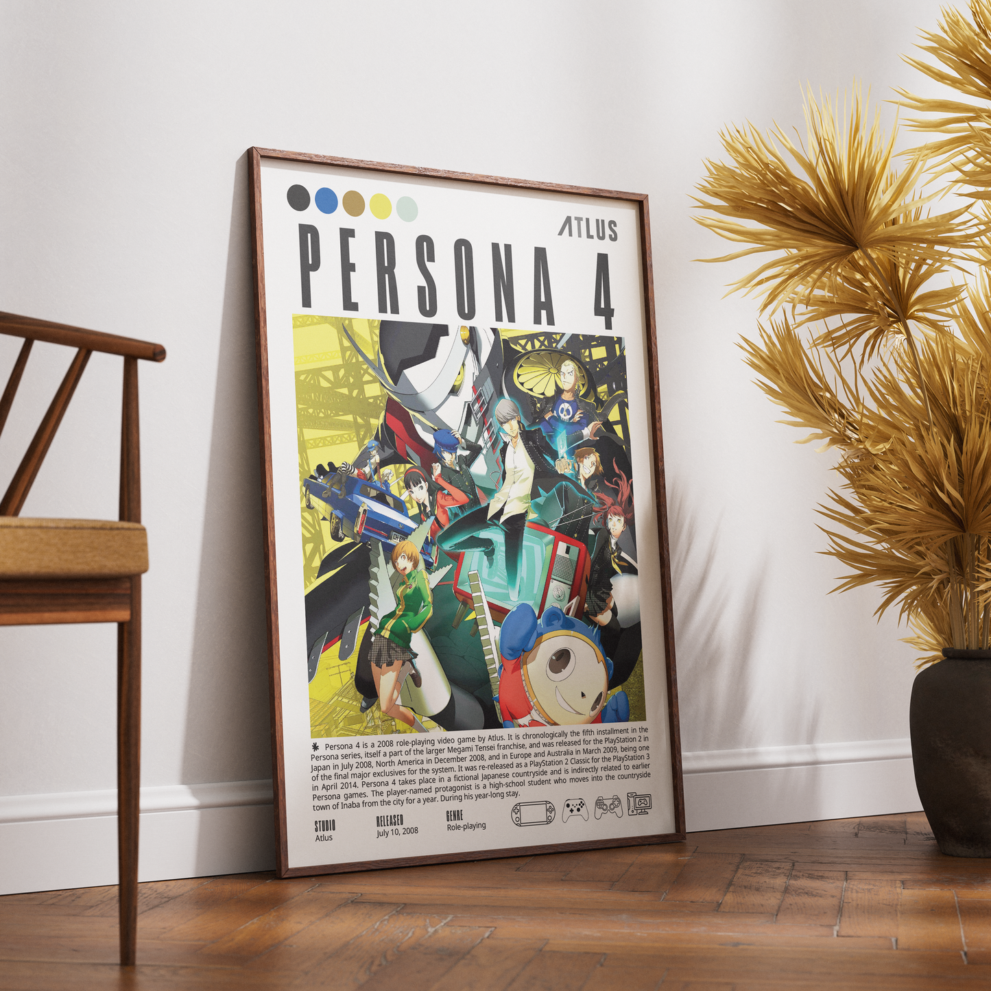 Persona 4 2008 game poster — Atlus Yu Narukami Inaba Investigation Team JRPG wall art print UK
