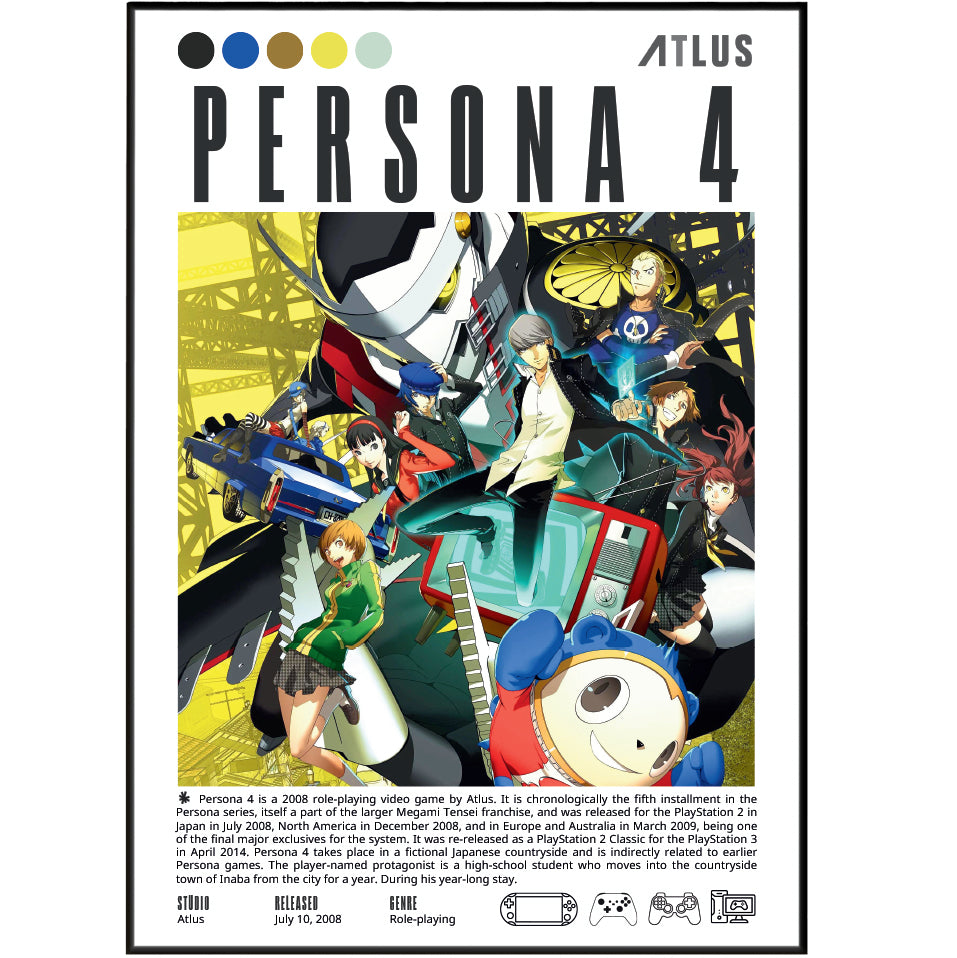 Persona 4 2008 game poster — Atlus Yu Narukami Inaba Investigation Team JRPG wall art print UK
