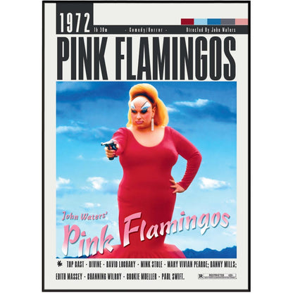Movie poster for 'Pink Flamingos' (1972) starring John Waters, featuring a woman in a red dress against a blue sky background with bold title text.