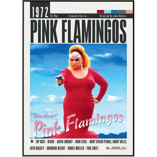 Movie poster for 'Pink Flamingos' (1972) starring John Waters, featuring a woman in a red dress against a blue sky background with bold title text.