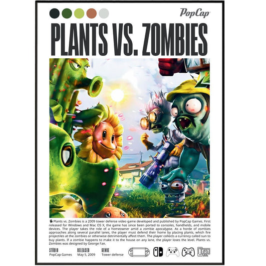 Plants vs Zombies 2009 game poster — PopCap Sunflower Peashooter zombie tower defence wall art print UK
 - 98types