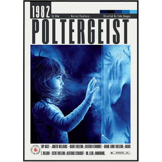 Poltergeist 1982 Tobe Hooper film poster print UK — They're here JoBeth Williams suburban horror classic wall art 260gsm printed in England Camden Market