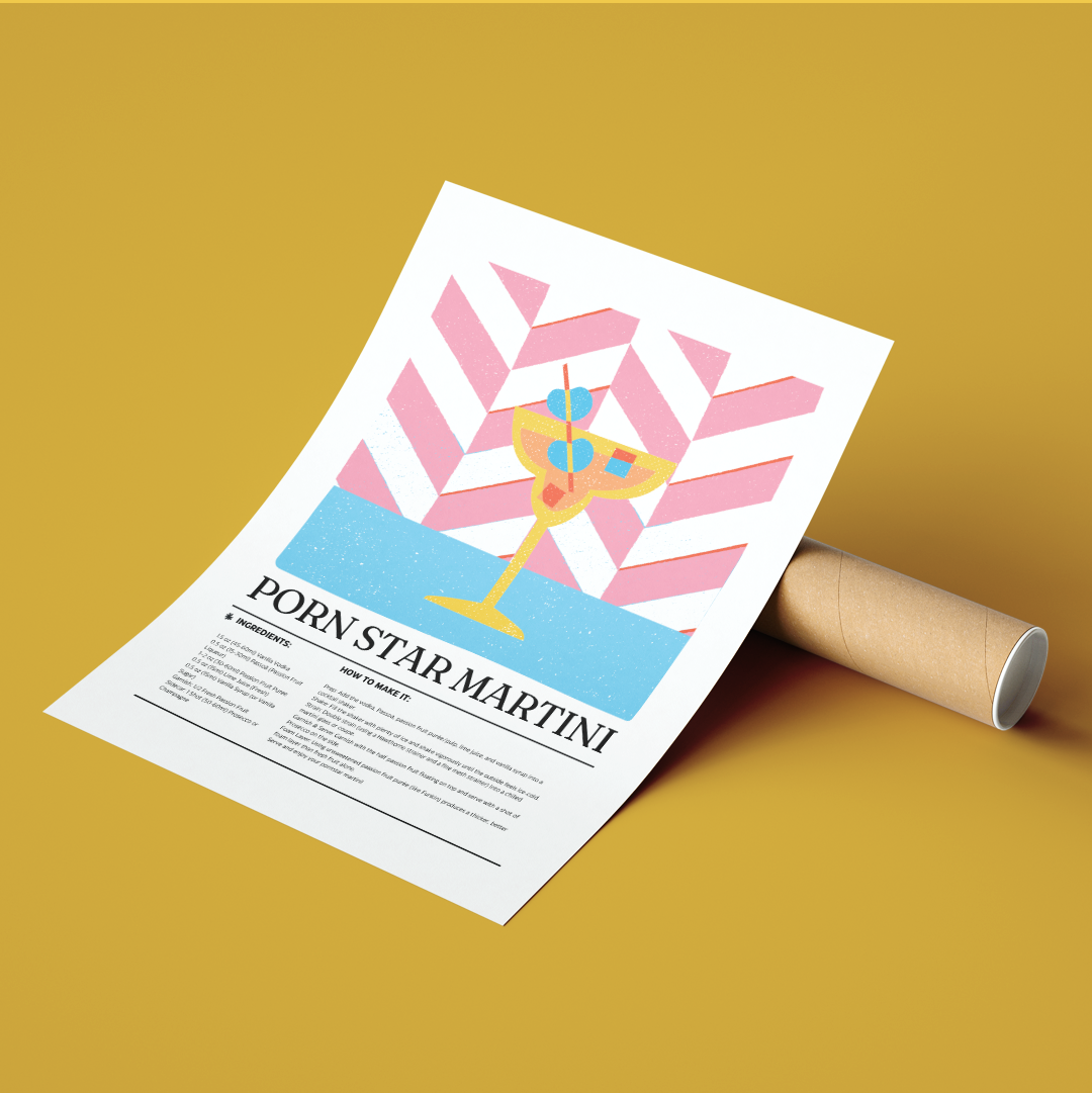 Porn Star Martini cocktail poster — minimalist bar art wall print UK home bar decor