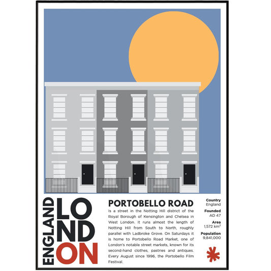 Portobello Road Notting Hill illustration poster — antique market Saturday stalls colourful houses London wall art print UK
