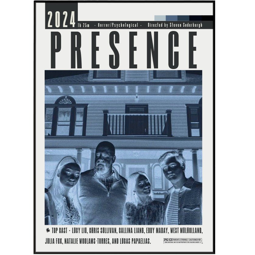 Presence 2024 horror film poster — Steven Soderbergh ghost POV suburban family haunting wall art print UK
