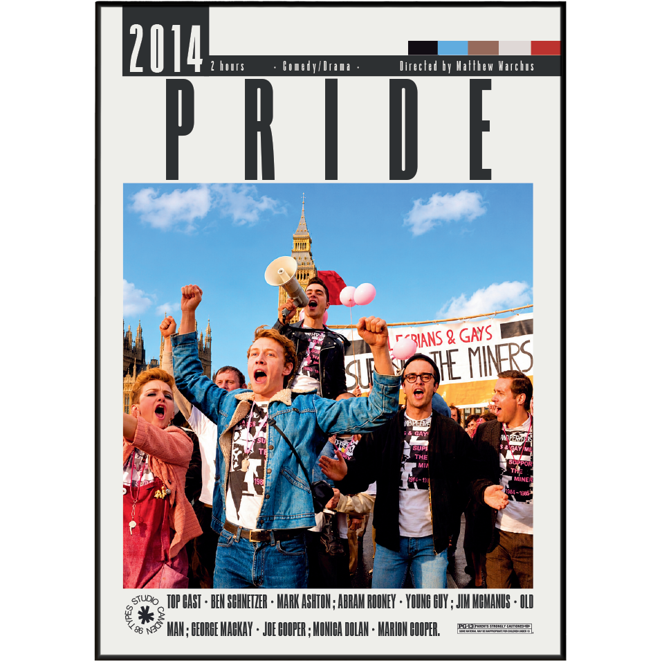 The official movie poster for the 2014 film Pride, featuring a central photograph of a pride parade crowd with the title 'PRIDE' in large black letters above, and cast and production credits along the bottom.