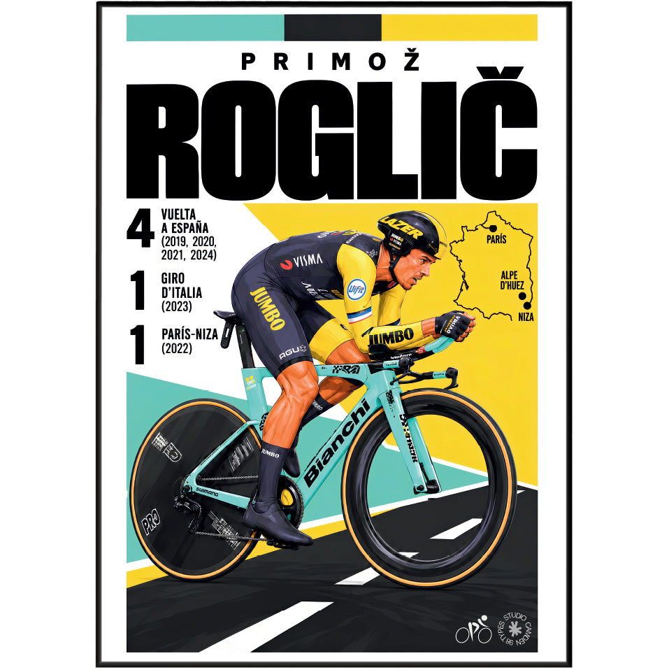 A framed cycling poster featuring Primož Roglič in a yellow and black Lotto jersey on a teal and yellow graphic background, with race results and a small map of France printed on the artwork.