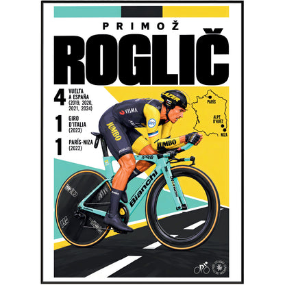 A framed cycling poster featuring Primož Roglič in a yellow and black Lotto jersey on a teal and yellow graphic background, with race results and a small map of France printed on the artwork.