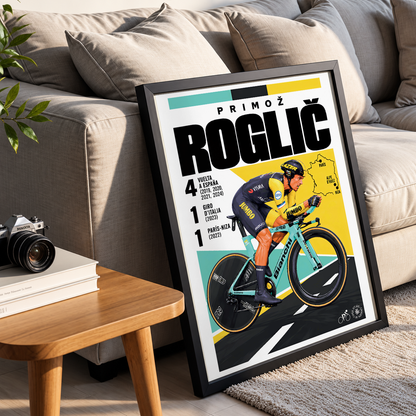 A framed cycling poster leaning against a beige sofa in a living room. The poster features Primož Roglič on a turquoise and yellow bicycle with bold black text and a black frame.