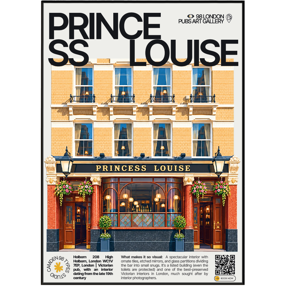 Princess Louise poster, Holborn, London: ornate Victorian tiled pub interior with etched mirrors - 98 London Pubs Art Gallery by 98 Types